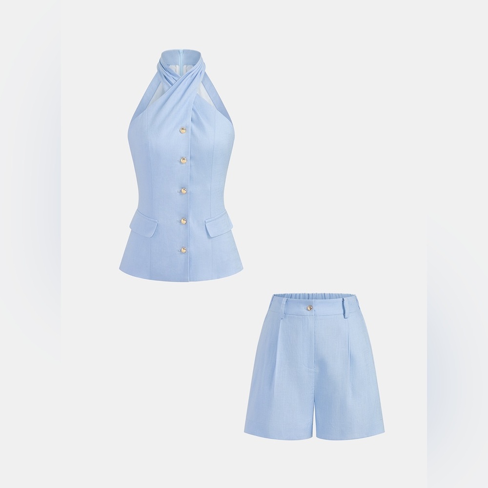 Commense Halter Buttoned Vest & Shorts Set